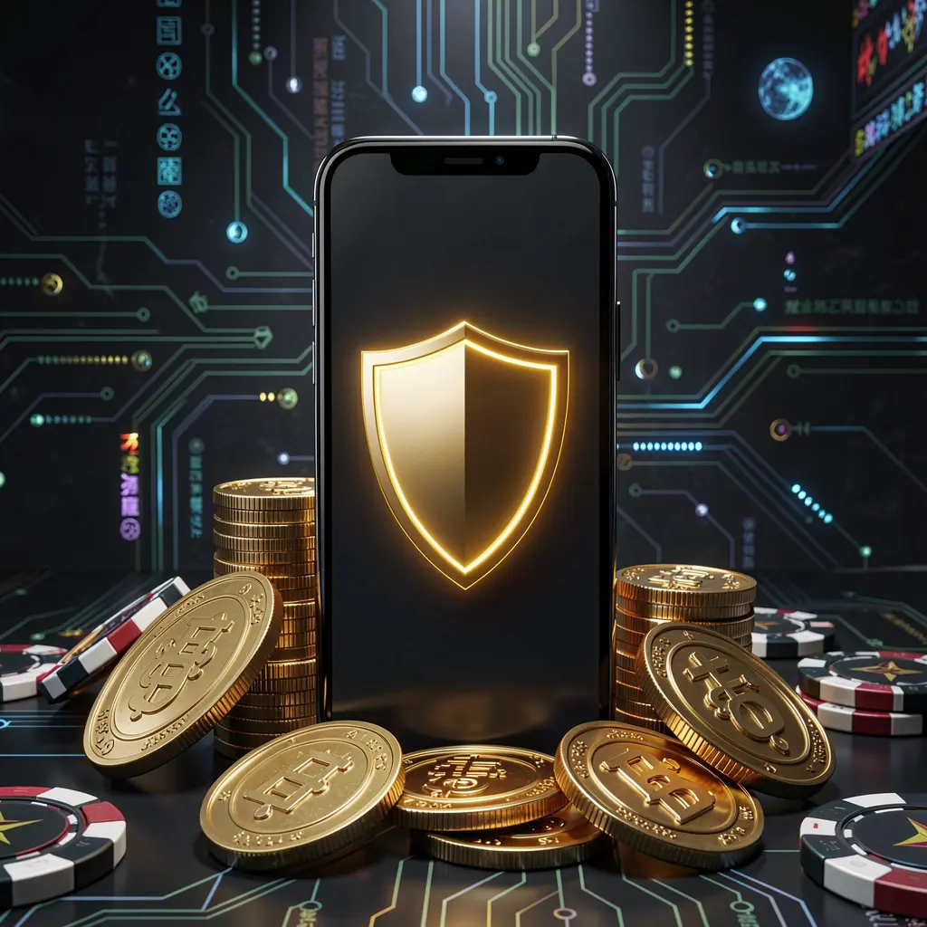 Konsep aplikasi kasino seluler aman WP888 yang menampilkan ponsel pintar dengan ikon perisai bercahaya dikelilingi koin emas dan chip pada latar belakang siber mewah gelap dalam render 3D realistis Konsep aplikasi kasino seluler aman WP888 yang menampilkan ponsel pintar dengan ikon perisai bercahaya dikelilingi koin emas dan chip pada latar belakang siber mewah gelap dalam render 3D realistis