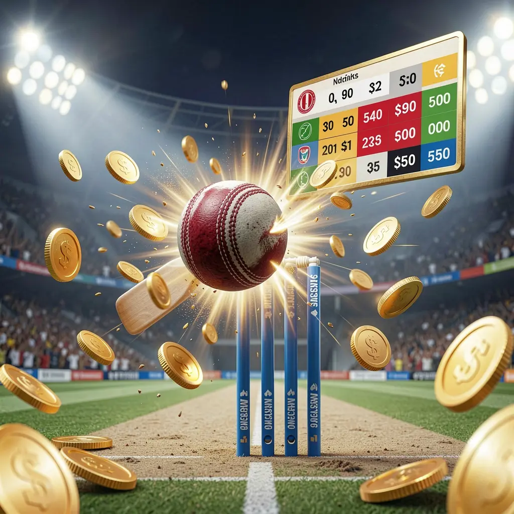Spanduk taruhan pertandingan kriket WP888 yang menampilkan bola kriket menghantam stump dengan gerakan dinamis di bawah lampu stadion, menampilkan antarmuka peluang taruhan melayang dan koin dalam suasana olahraga premium
