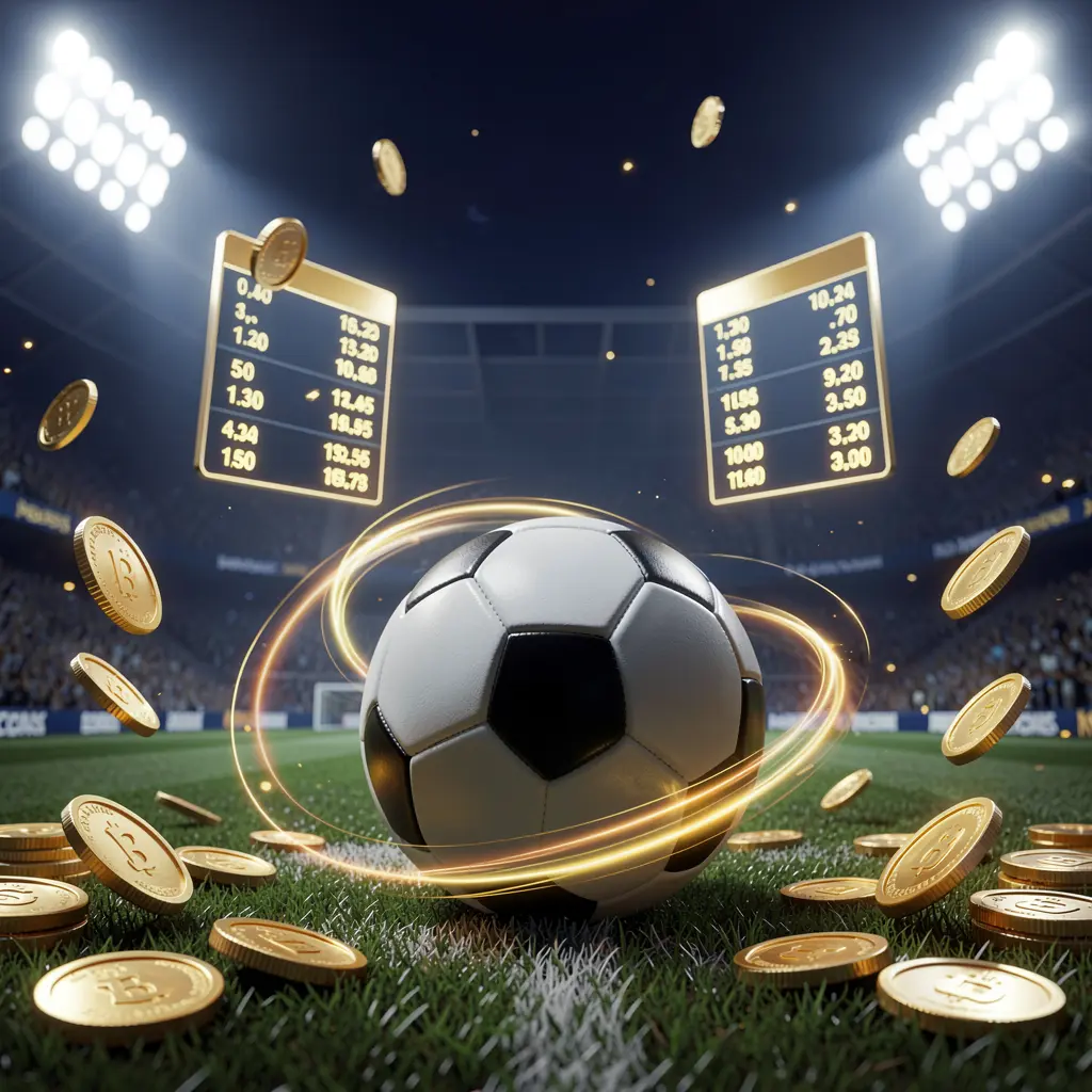 Spanduk utama halaman taruhan olahraga WP888 yang menampilkan stadion sepak bola pada malam hari dengan lampu sorot terang, bola sepak di atas rumput hijau, panel peluang taruhan bercahaya, koin emas, dan jejak cahaya dinamis dalam render 3D sinematik biru tua dan emas premium