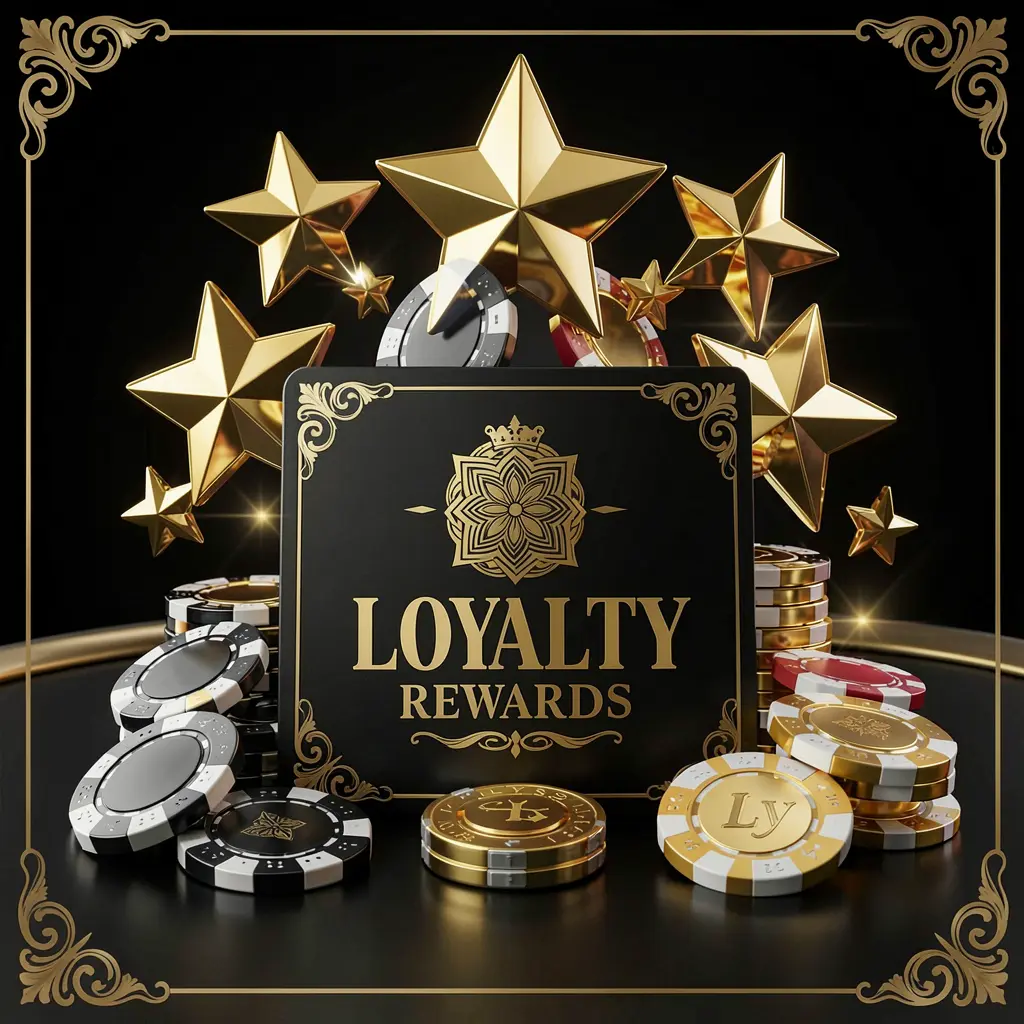 Gambar hadiah loyalitas kasino WP888 yang menampilkan bintang emas, chip poker, koin, dan kartu hadiah mewah pada latar belakang hitam dan emas yang elegan dalam render 3D realistis Gambar hadiah loyalitas kasino WP888 yang menampilkan bintang emas, chip poker, koin, dan kartu hadiah mewah pada latar belakang hitam dan emas yang elegan dalam render 3D realistis