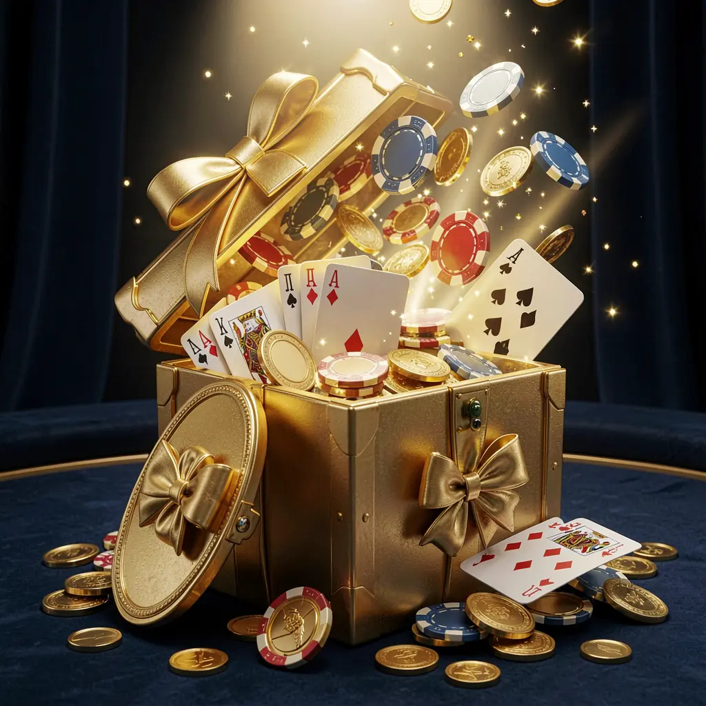 Adegan bonus sambutan mewah untuk kasino daring WP888 yang menampilkan kotak hadiah emas terbuka dengan chip kasino, kartu remi, dan koin berkilau yang meluap keluar pada latar belakang biru tua dan hitam premium dengan cahaya emas terang dalam suasana meriah yang elegan Adegan bonus sambutan mewah untuk kasino daring WP888 yang menampilkan kotak hadiah emas terbuka dengan chip kasino, kartu remi, dan koin berkilau yang meluap keluar pada latar belakang biru tua dan hitam premium dengan cahaya emas terang dalam suasana meriah yang elegan