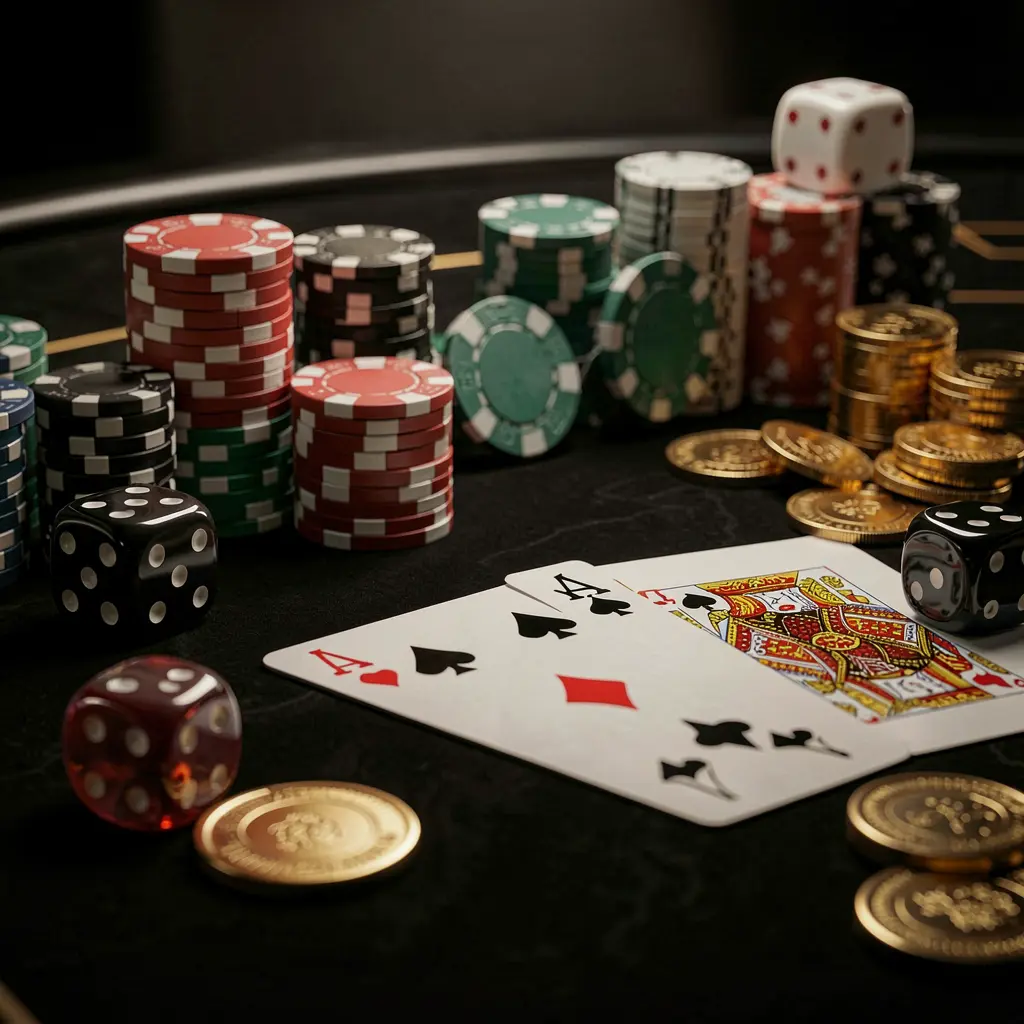 Tampilan jarak dekat meja kasino WP888 yang elegan menampilkan chip poker, kartu remi, dadu, dan koin emas di bawah pencahayaan sinematik lembut pada latar belakang hitam mewah Tampilan jarak dekat meja kasino WP888 yang elegan menampilkan chip poker, kartu remi, dadu, dan koin emas di bawah pencahayaan sinematik lembut pada latar belakang hitam mewah