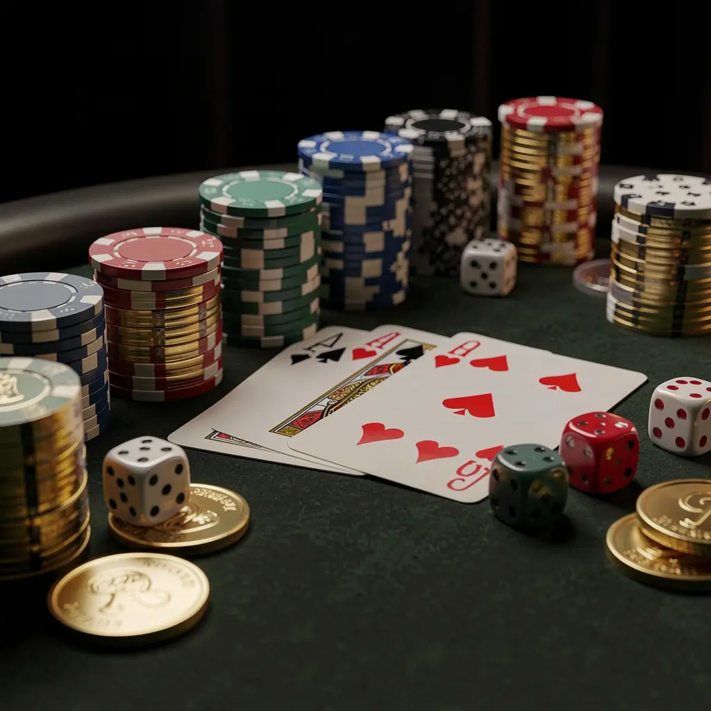 Tampilan jarak dekat meja kasino WP888 yang elegan menampilkan chip poker, kartu remi, dadu, dan koin emas di bawah pencahayaan sinematik lembut dengan latar belakang hitam mewah Tampilan jarak dekat meja kasino WP888 yang elegan menampilkan chip poker, kartu remi, dadu, dan koin emas di bawah pencahayaan sinematik lembut dengan latar belakang hitam mewah