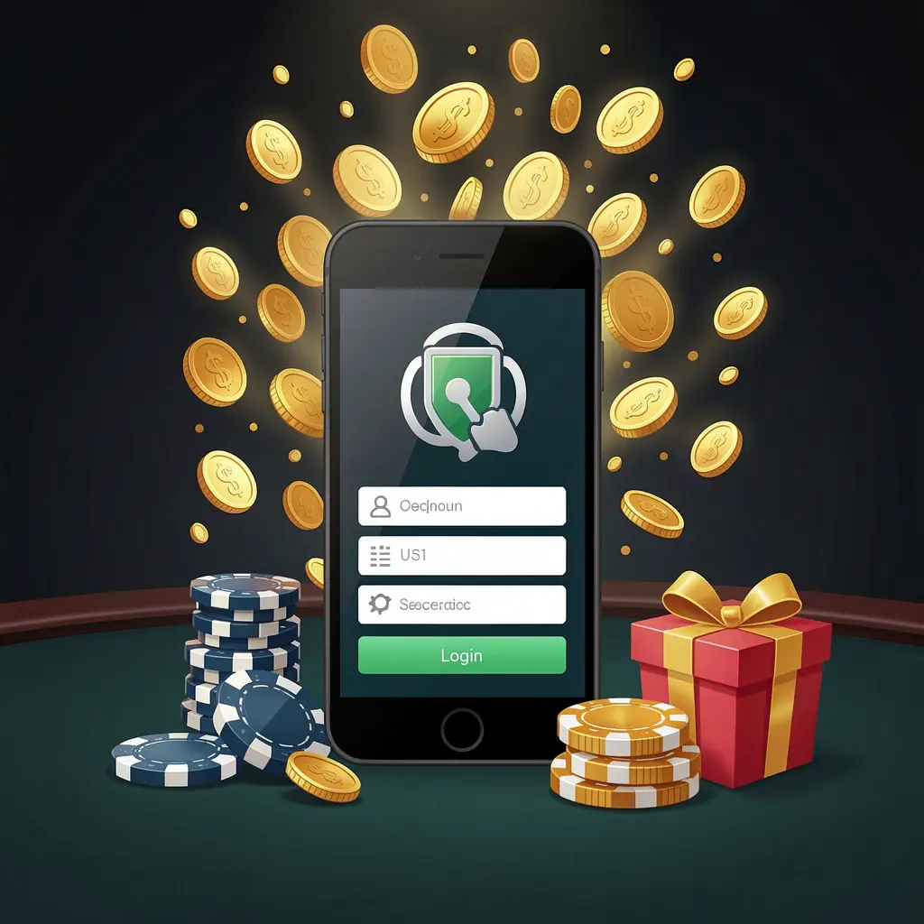 Ilustrasi masuk pengguna kasino WP888 yang menampilkan ponsel dengan ikon akses aman, koin emas meluap dari layar, chip poker, dan kotak hadiah pada latar belakang gelap premium Ilustrasi masuk pengguna kasino WP888 yang menampilkan ponsel dengan ikon akses aman, koin emas meluap dari layar, chip poker, dan kotak hadiah pada latar belakang gelap premium