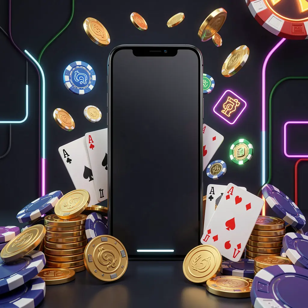 Konsep beranda kasino seluler WP888 yang menampilkan ponsel pintar dikelilingi koin emas, chip, kartu, dan ikon bercahaya pada latar belakang gelap modern dengan aksen neon